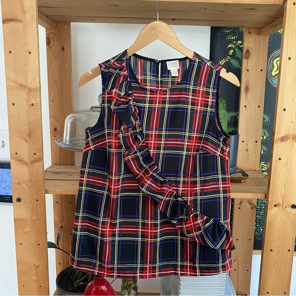 J. Crew Red Green Black Blue Tartan Christmas Holiday Plaid Ruffle Tank Top 0 - Picture 2 of 13